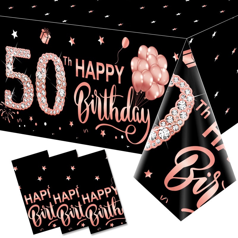 Parfundg 3 Pack Rose Gold Happy 50th Birthday Tablecloth Decorations - Fifty Years Old Plastic Disposable Rectangular Table Cover Party Supplies - Image 1