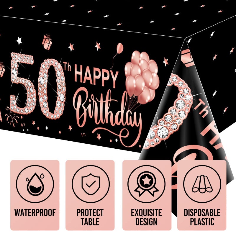 Parfundg 3 Pack Rose Gold Happy 50th Birthday Tablecloth Decorations - Fifty Years Old Plastic Disposable Rectangular Table Cover Party Supplies - Image 4