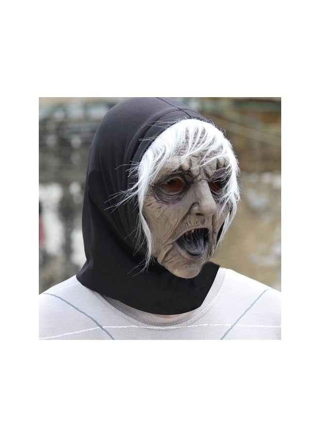 Halloween Witch Mask, Old Woman Halloween Scary Horror Mask with Hair Headscarf, Creepy Halloween Mask Latex Mask Horror Full Head Mask for Halloween Party Cosplay Props - Image 4