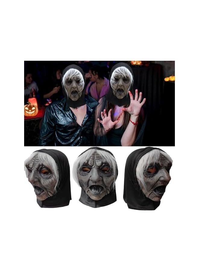 Halloween Witch Mask, Old Woman Halloween Scary Horror Mask with Hair Headscarf, Creepy Halloween Mask Latex Mask Horror Full Head Mask for Halloween Party Cosplay Props - Image 3