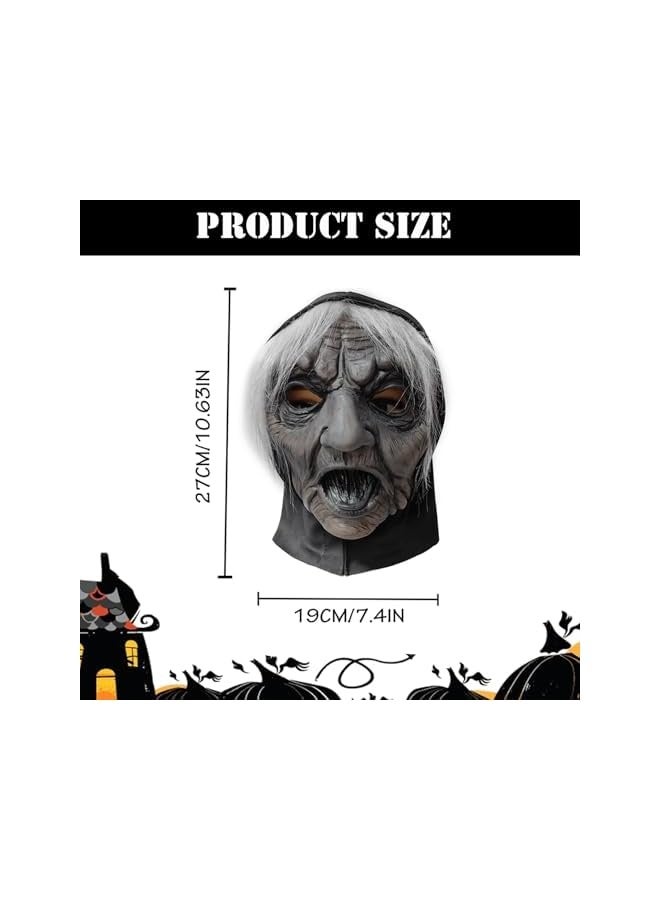 Halloween Witch Mask, Old Woman Halloween Scary Horror Mask with Hair Headscarf, Creepy Halloween Mask Latex Mask Horror Full Head Mask for Halloween Party Cosplay Props - Image 2