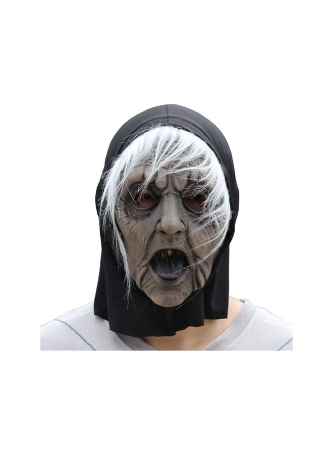 Halloween Witch Mask, Old Woman Halloween Scary Horror Mask with Hair Headscarf, Creepy Halloween Mask Latex Mask Horror Full Head Mask for Halloween Party Cosplay Props - Image 1