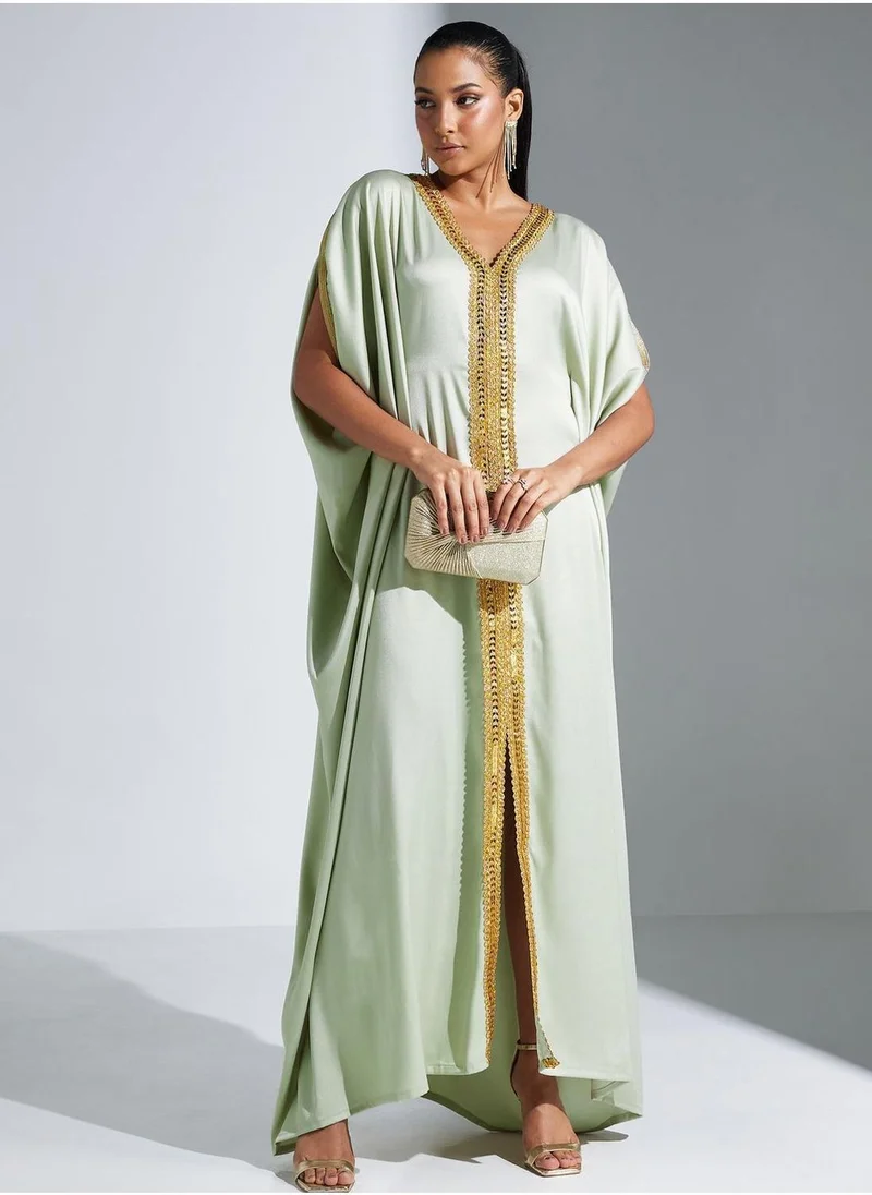 MAISON ARABELLE Embellished V-Neck Front Slit Jalabiya