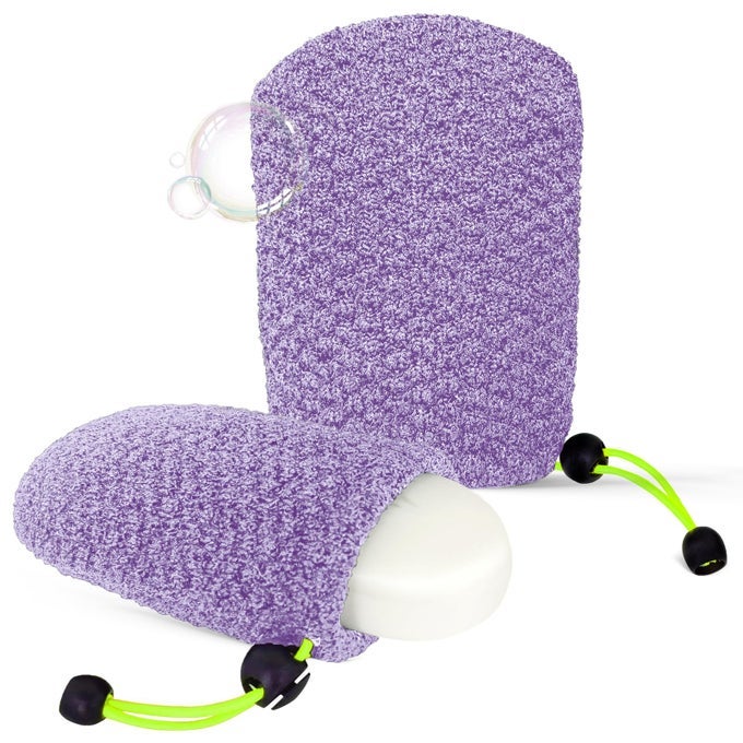 EXFOLIATING SOAP BAG FOR SHOWER 2 PIECES BAR SOAP SAVER POUCH BAMBOO BODY SCRUBBER EXFOLIATOR POCKET IN TRAVEL BATHING PURPLE