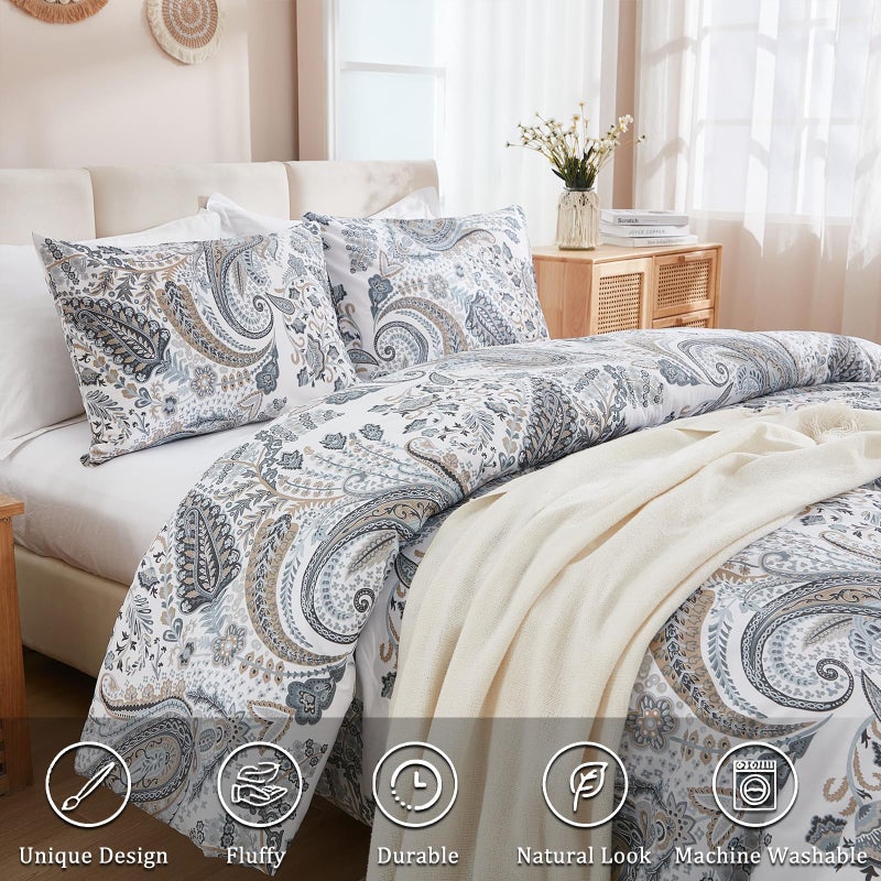 Cozaline Grey Blue Paisley Comforter Set King Size 3 Pieces 100% Cotton Boho Paisley Pattern Bedding Set All Season Soft Cotton Lightweight Reversible Comforter - Image 2