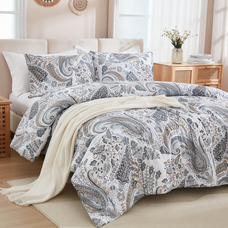 Cozaline Grey Blue Paisley Comforter Set King Size 3 Pieces 100% Cotton Boho Paisley Pattern Bedding Set All Season Soft Cotton Lightweight Reversible Comforter - Image 1