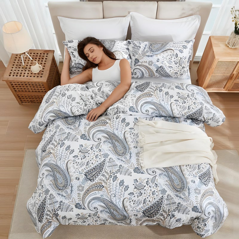 Cozaline Grey Blue Paisley Comforter Set King Size 3 Pieces 100% Cotton Boho Paisley Pattern Bedding Set All Season Soft Cotton Lightweight Reversible Comforter - Image 3