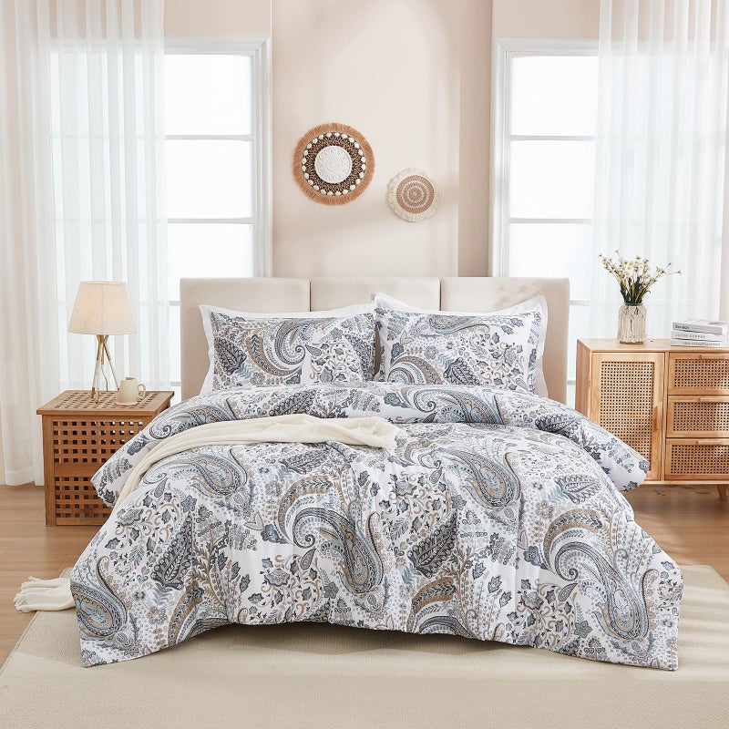 Cozaline Grey Blue Paisley Comforter Set King Size 3 Pieces 100% Cotton Boho Paisley Pattern Bedding Set All Season Soft Cotton Lightweight Reversible Comforter - Image 5