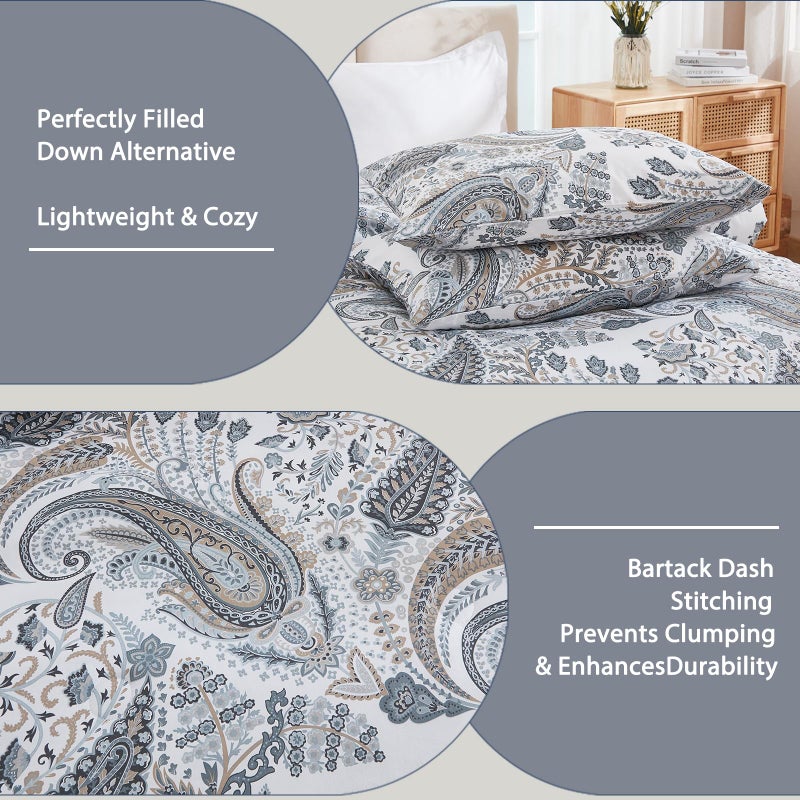 Cozaline Grey Blue Paisley Comforter Set King Size 3 Pieces 100% Cotton Boho Paisley Pattern Bedding Set All Season Soft Cotton Lightweight Reversible Comforter - Image 4