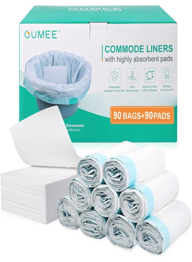 OUMEE 90 PCS Commode Liners with Absorbent Pads, Bedside Commode Liners for Commode Bucket, Disposable Commode Liners for Adults, Portable & Leak-Proof Potty Chair Liners (Blue - 180[90Liners+90Pads]) - Image 1