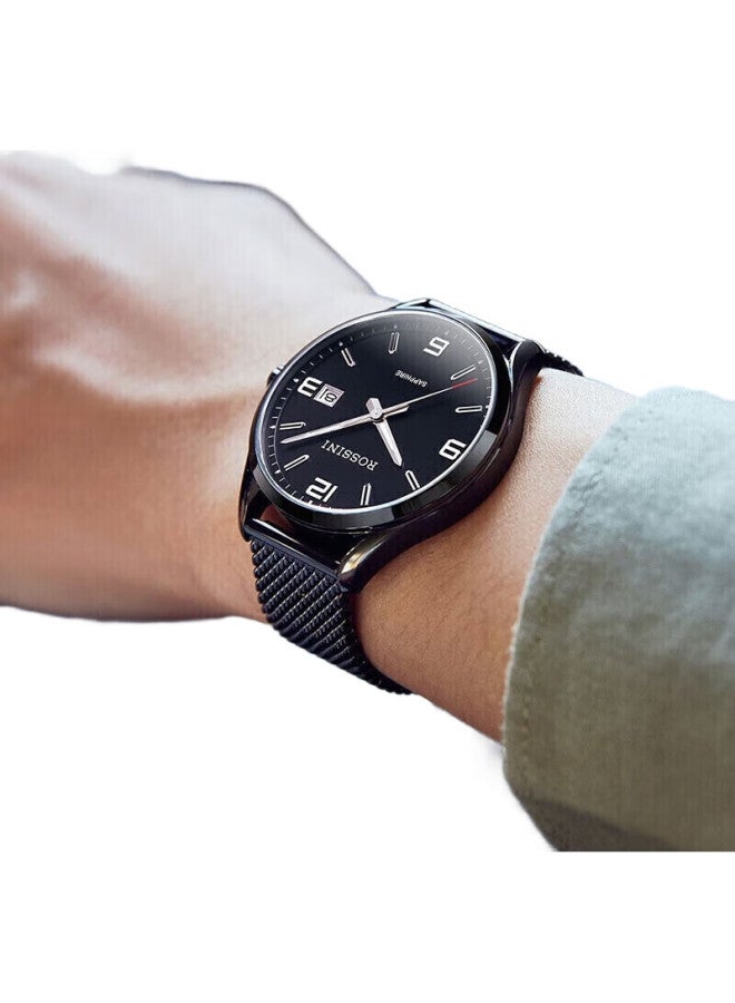 ROSSINI Men'S Watch, Student Watch, Birthday Gift, Waterproof Calendar Quartz Watch, Black Dial, Milanese Strap, 5200011 - Image 3