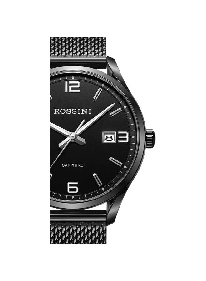 ROSSINI Men'S Watch, Student Watch, Birthday Gift, Waterproof Calendar Quartz Watch, Black Dial, Milanese Strap, 5200011 - Image 1