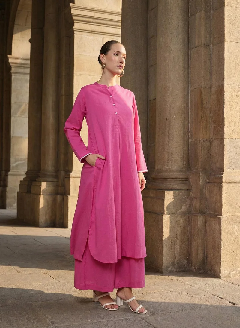 آي شين Pink 100% Cotton Solid Print Straight Fit A-Line Tunic & Full Length Palazzo Kurta Set For Women