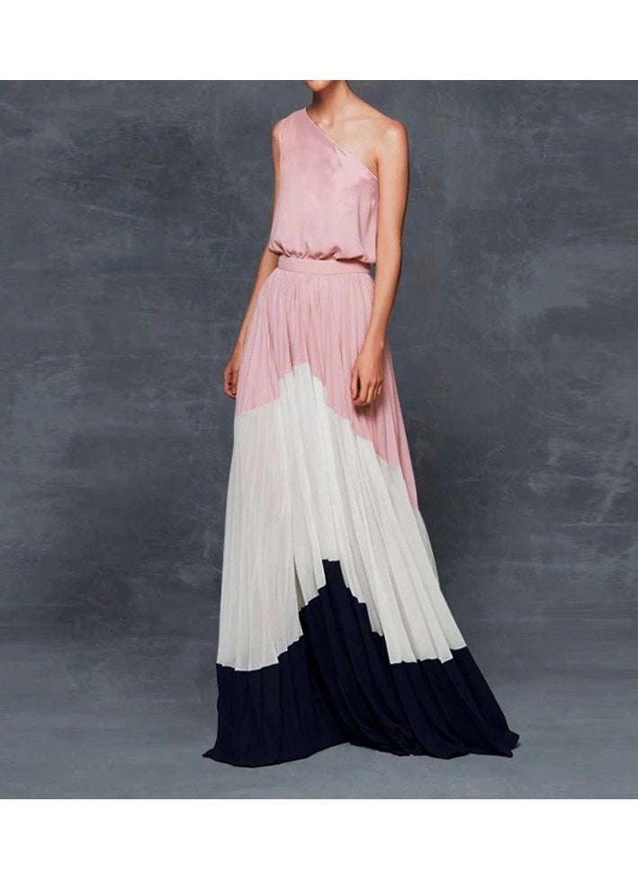 NIBEMINENT Spring Summer One Shoulder Dresses Women Splicing Print Off Shoulder Loose Long Dress Fashion Ladies Commuting Vestidos  - Image 1