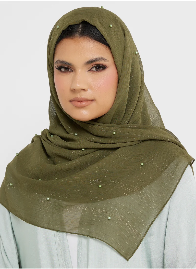 Khizana Pearl Detail  Metallic Long Hijab Scarf