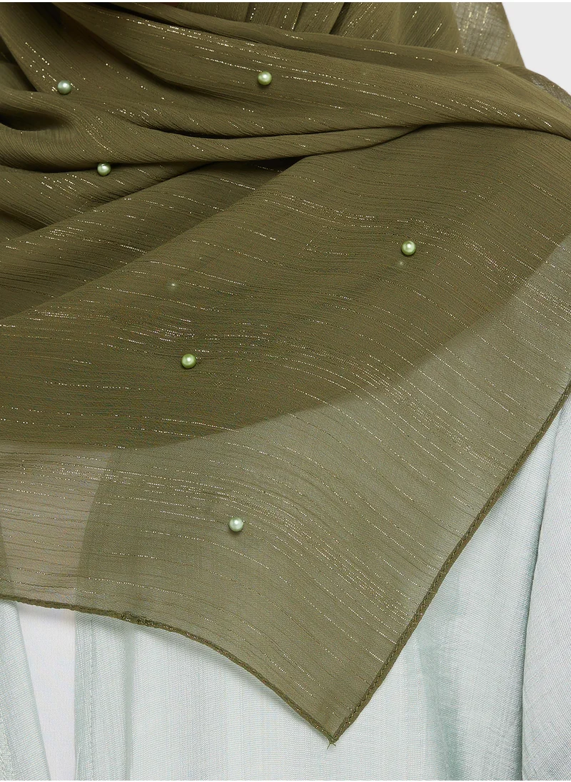 Khizana Pearl Detail  Metallic Long Hijab Scarf