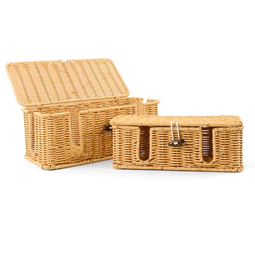 CENELO Cable Management Box - 2 Pack Cord Hider Organizer Boxs - Small & Medium Szie Power Cover Cord Box, Handwoven Rattan Cable Organizer for TV Computer USB Hub Power Strips & Cords - Image 1