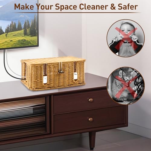 CENELO Cable Management Box - 2 Pack Cord Hider Organizer Boxs - Small & Medium Szie Power Cover Cord Box, Handwoven Rattan Cable Organizer for TV Computer USB Hub Power Strips & Cords - Image 5