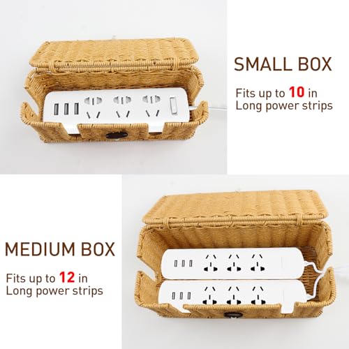 CENELO Cable Management Box - 2 Pack Cord Hider Organizer Boxs - Small & Medium Szie Power Cover Cord Box, Handwoven Rattan Cable Organizer for TV Computer USB Hub Power Strips & Cords - Image 3