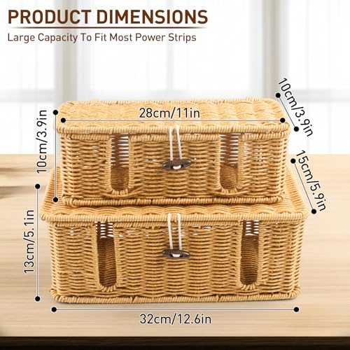 CENELO Cable Management Box - 2 Pack Cord Hider Organizer Boxs - Small & Medium Szie Power Cover Cord Box, Handwoven Rattan Cable Organizer for TV Computer USB Hub Power Strips & Cords - Image 2