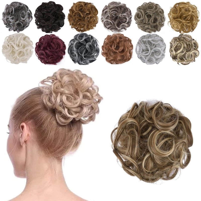 Elaine Messy Bun Hair Piece for Women Thick Curly Hair Bun Scrunchies Synthetic Wavy Bun Hair Extensions Chignon Ponytail Updo Hairpieces Golden Brown Mixed 60