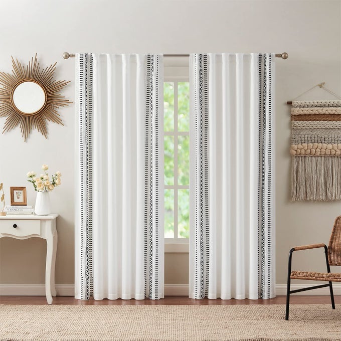 CURTAIN BLACKOUT CURTAIN PANEL WINDOW TREATMENT WITH ROD POCKET TOP DORM ESSENTIALS GEOMETRIC DESIGN BOHO INSPIRED HOME DECOR ROGUE COLLECTION BLACKWHITE 52 X 95
