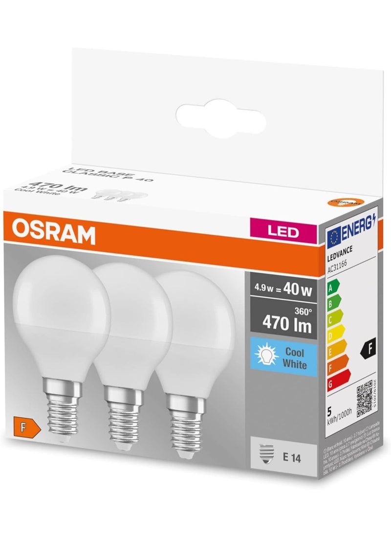 Osram OSRAM LED BASE Classic P40, frosted filament LED lamps in glass for E14 base, candle shape, cool white (4000K), 470 lumen, replaces conventional 40W bulbs, box of 3  - Image 1