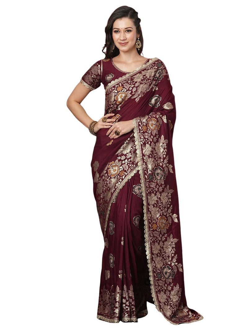 Satrani Women's Cotton Silk Banarasi Jacquard Saree with Unstitched Blouse Piece (4067S6423N_Maroon) - Image 1