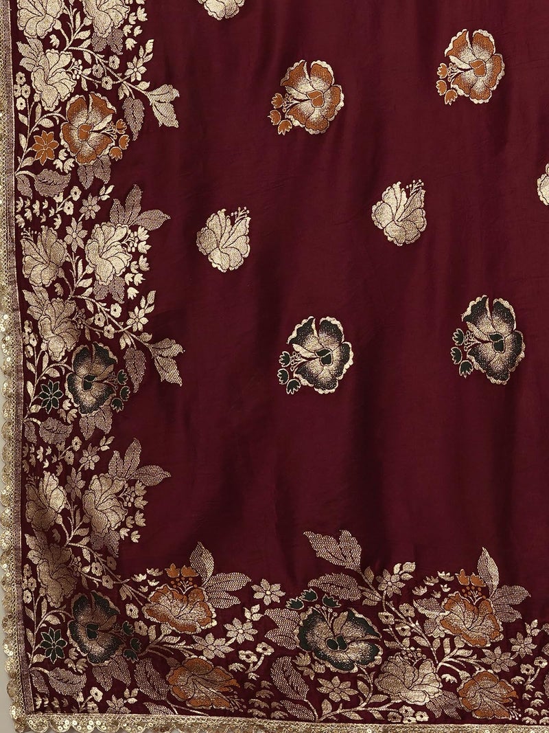 Satrani Women's Cotton Silk Banarasi Jacquard Saree with Unstitched Blouse Piece (4067S6423N_Maroon) - Image 5
