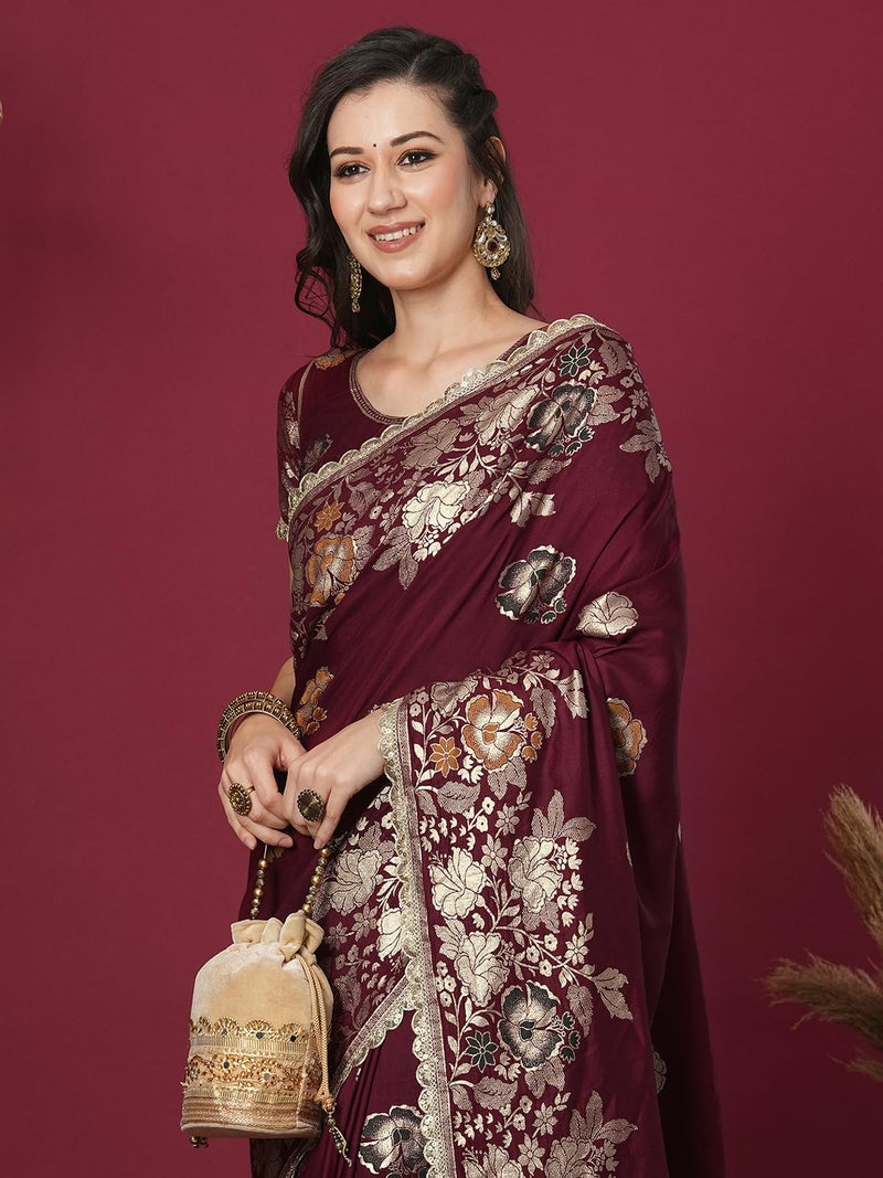 Satrani Women's Cotton Silk Banarasi Jacquard Saree with Unstitched Blouse Piece (4067S6423N_Maroon) - Image 4
