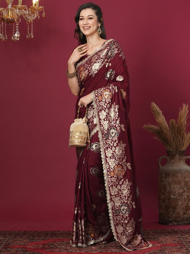Satrani Women's Cotton Silk Banarasi Jacquard Saree with Unstitched Blouse Piece (4067S6423N_Maroon) - Image 2