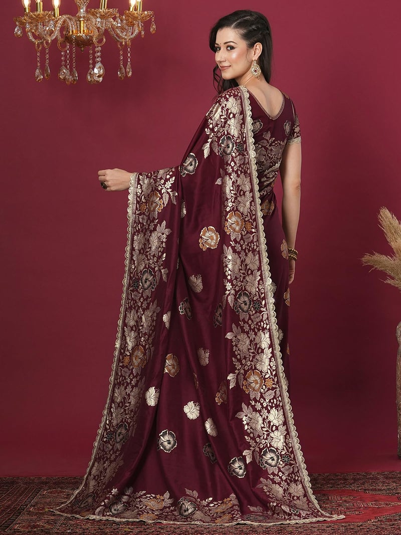 Satrani Women's Cotton Silk Banarasi Jacquard Saree with Unstitched Blouse Piece (4067S6423N_Maroon) - Image 3
