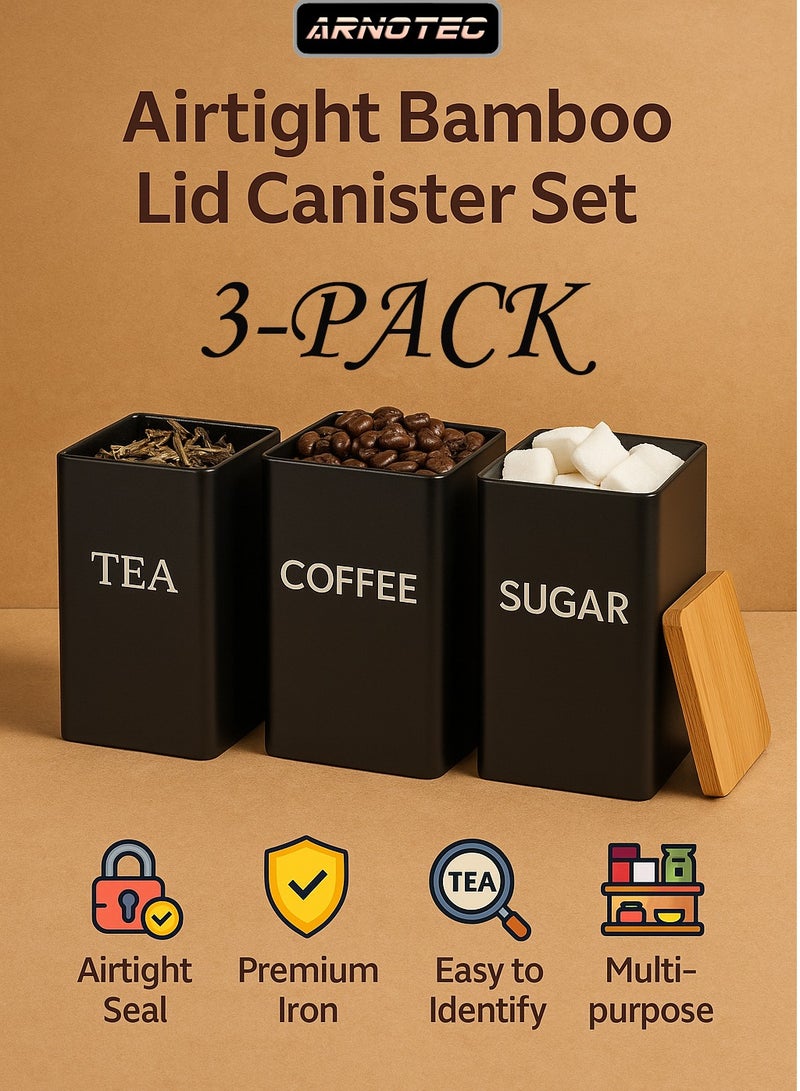 ARNOTEC Tea Coffee Sugar Canister Set with Bamboo Lids – Airtight Metal Storage Containers, Embossed Labels, Premium Iron Kitchen Canisters for Coffee Beans, Sugar, Tea & Dry Goods, 3-Piece Set (8.5×8.5×15cm) - Image 1