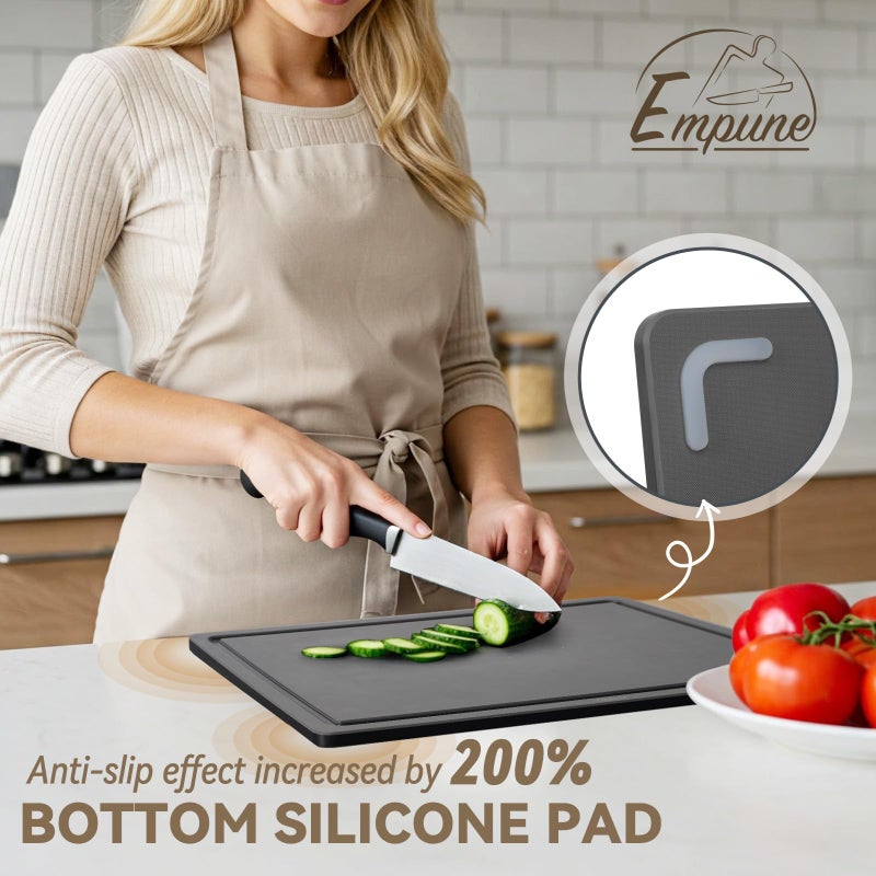 Empune Plastic Cutting Board Set, Recycled Plastic Cutting Boards for Kitchen (Set of 3), Dishwasher Safe Large Chopping Board with Holder, Non-slip Feet and Juice Grooves, Nonporous, Grey - Image 5