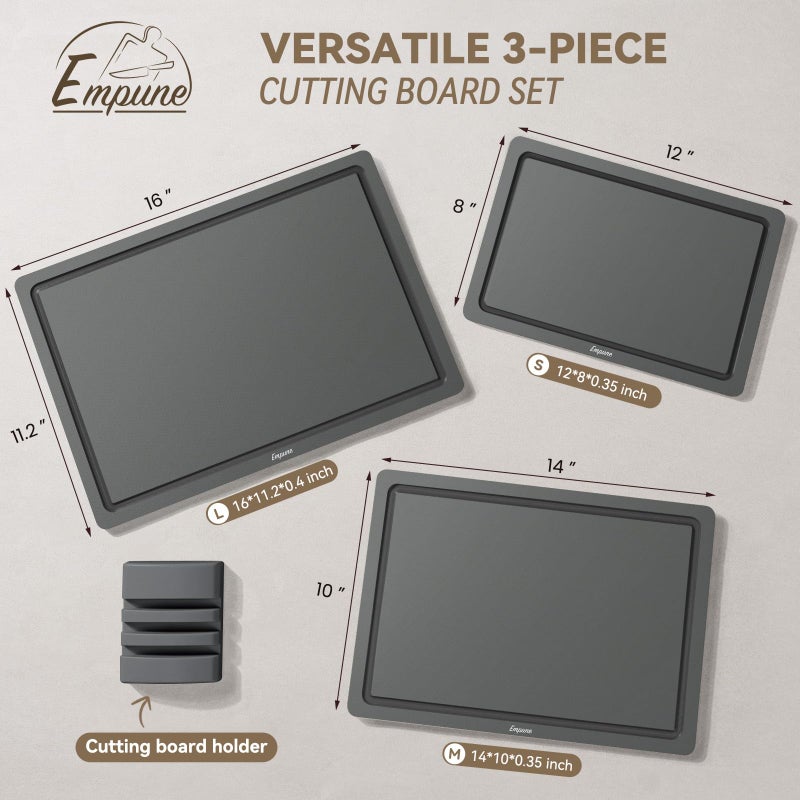 Empune Plastic Cutting Board Set, Recycled Plastic Cutting Boards for Kitchen (Set of 3), Dishwasher Safe Large Chopping Board with Holder, Non-slip Feet and Juice Grooves, Nonporous, Grey - Image 2