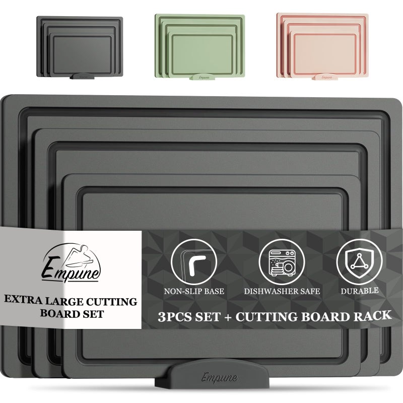 Empune Plastic Cutting Board Set, Recycled Plastic Cutting Boards for Kitchen (Set of 3), Dishwasher Safe Large Chopping Board with Holder, Non-slip Feet and Juice Grooves, Nonporous, Grey - Image 1