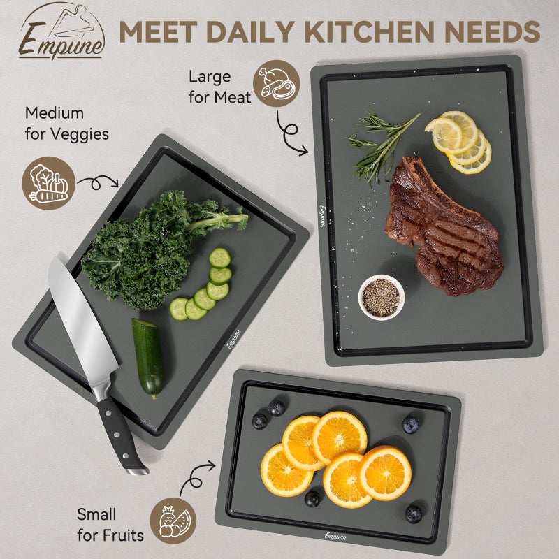 Empune Plastic Cutting Board Set, Recycled Plastic Cutting Boards for Kitchen (Set of 3), Dishwasher Safe Large Chopping Board with Holder, Non-slip Feet and Juice Grooves, Nonporous, Grey - Image 3