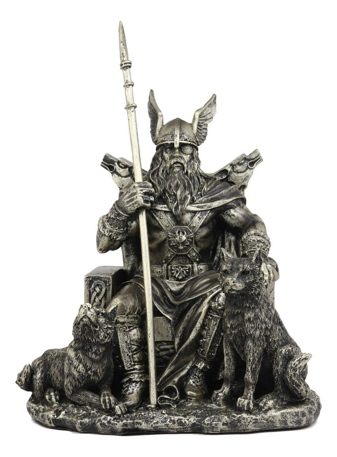 NORSE VIKING MYTHOLOGY ODIN THE ALFATHER SITTING ON A THRONE WITH TWO WOLF DOGS STATUE NORSELANDIC FOLKLORE THOR RAGNAROK TRILOGY WOTAN DECORATIVE FIGURINE 105 HIGH