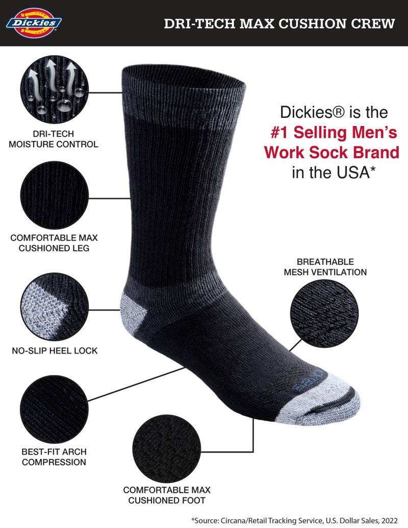 Dickies Men's Dri-Tech Moisture Control Max Full Cushion Crew Socks, Available in M-XL (6, 12 Pairs), Black (6 Pairs), Large - Image 2