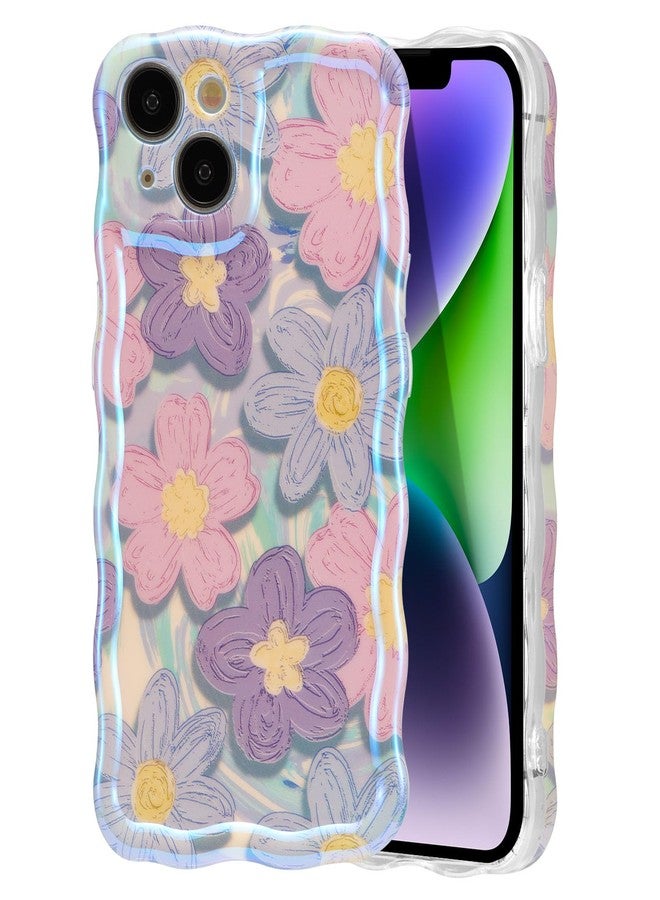 EYZUTAK جراب EYZUTAK لهاتف iPhone 13، تصميم زهور ملون بنمط لوحة زيتية عتيقة لامعة، حواف مموجة لطيفة، غطاء هاتف أنيق ومتين من مادة TPU، جراب حماية للفتيات والسيدات - وردي بنفسجي - Image 1