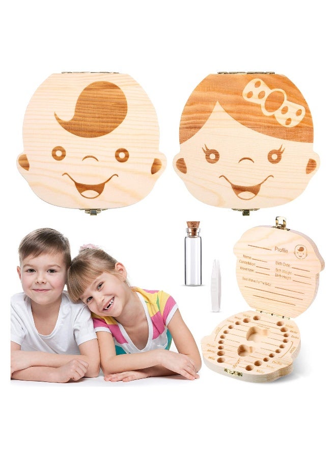 2 Wooden Baby Tooth Box, Cute Children Tooth Storage Container Kids Keepsake Organizer Gift Tooth Saver Box with Tweezers and Lanugo Bottle to Keep The Childhood Memory (Girl and Boy)  - Image 1