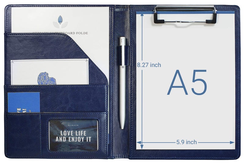 Mymazn Small Padfolio Clipboard A5 Folder for Writing Pad Refillable 5 x 8 Note pad, Mymazn Faux Leather Clipboard Folder Junior Size Portfolio 5x8 Folio Clip Board (Blue) - Image 1