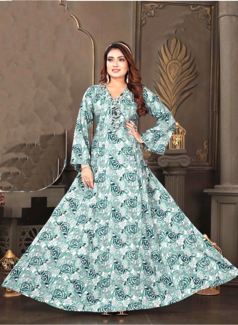 زينة جلابية نسائية بطبعة الأزهار بياقة V وأكمام طويلة | فستان ماكسي واسع من الأسفل (كلوش) - Image 1