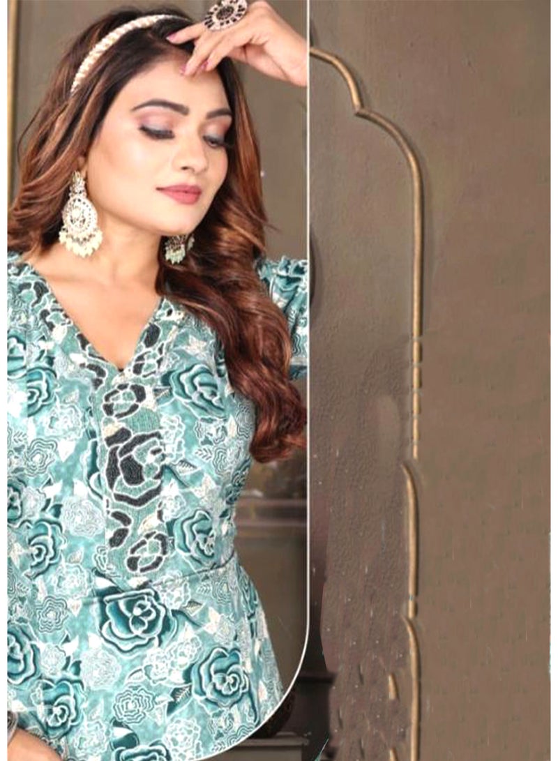 زينة جلابية نسائية بطبعة الأزهار بياقة V وأكمام طويلة | فستان ماكسي واسع من الأسفل (كلوش) - Image 2