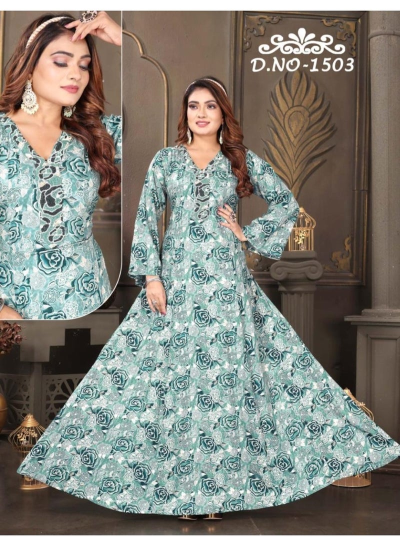 زينة جلابية نسائية بطبعة الأزهار بياقة V وأكمام طويلة | فستان ماكسي واسع من الأسفل (كلوش) - Image 3