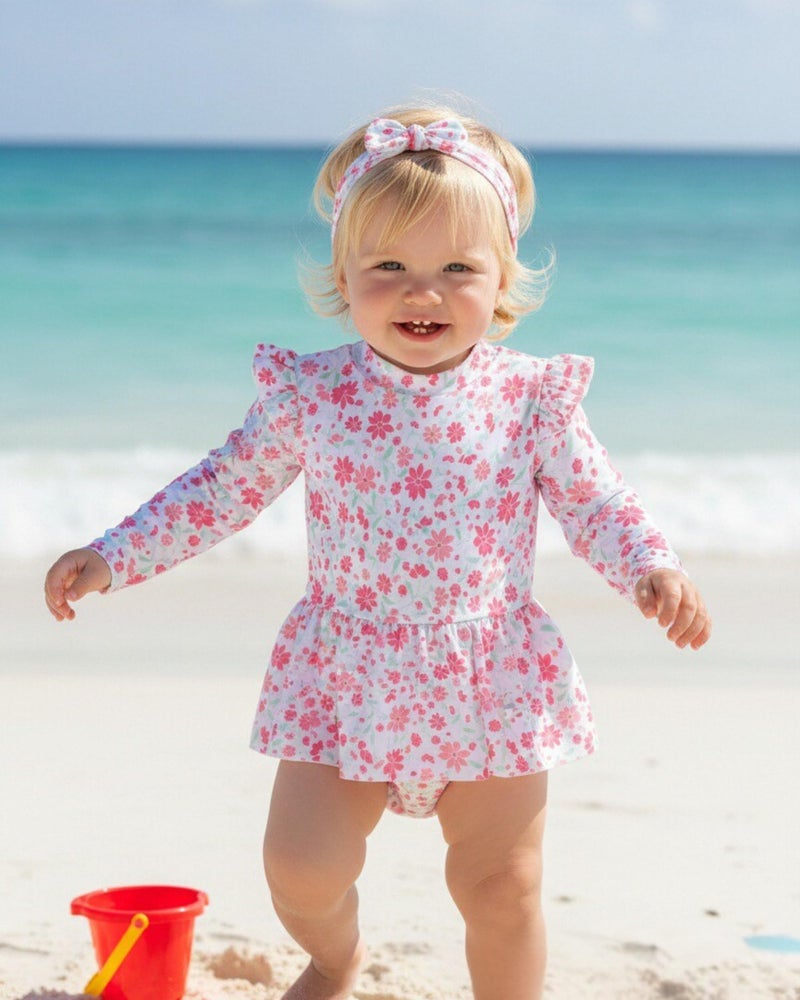 Renotemy Baby Girl Swimsuit 6-9 Months Infant Long Sleeve 9-12 Months Swimsuit Girls One-Piece Bathing Suit Rash Guard Swimsuits with Hat Pink Floral Ruffle Swim Suits Baby Beach Essentials Swimwear - Image 2