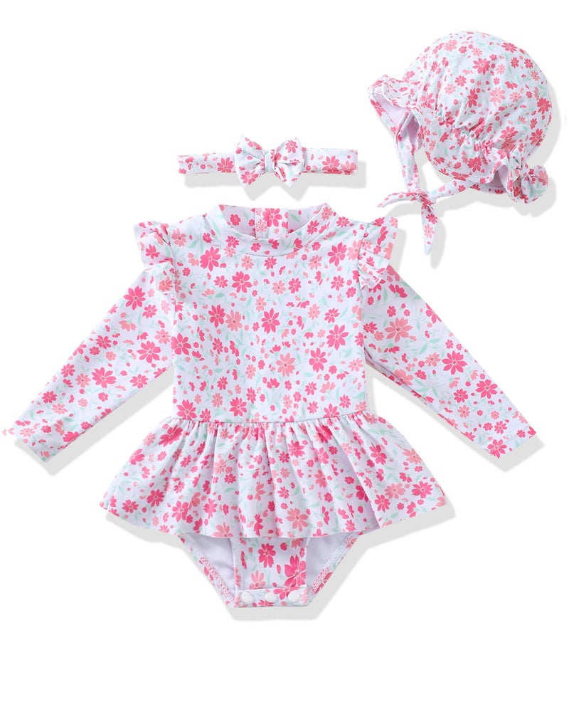 Renotemy Baby Girl Swimsuit 6-9 Months Infant Long Sleeve 9-12 Months Swimsuit Girls One-Piece Bathing Suit Rash Guard Swimsuits with Hat Pink Floral Ruffle Swim Suits Baby Beach Essentials Swimwear - Image 1