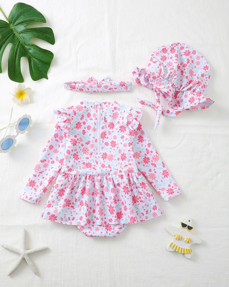 Renotemy Baby Girl Swimsuit 6-9 Months Infant Long Sleeve 9-12 Months Swimsuit Girls One-Piece Bathing Suit Rash Guard Swimsuits with Hat Pink Floral Ruffle Swim Suits Baby Beach Essentials Swimwear - Image 4