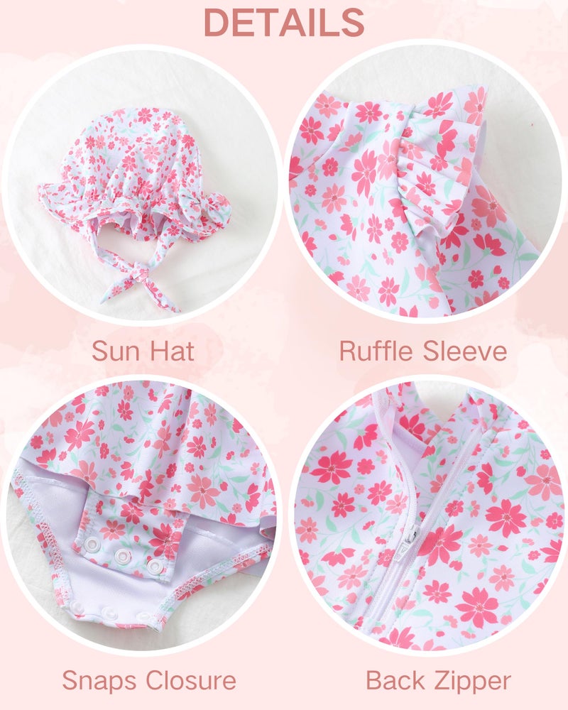Renotemy Baby Girl Swimsuit 6-9 Months Infant Long Sleeve 9-12 Months Swimsuit Girls One-Piece Bathing Suit Rash Guard Swimsuits with Hat Pink Floral Ruffle Swim Suits Baby Beach Essentials Swimwear - Image 5