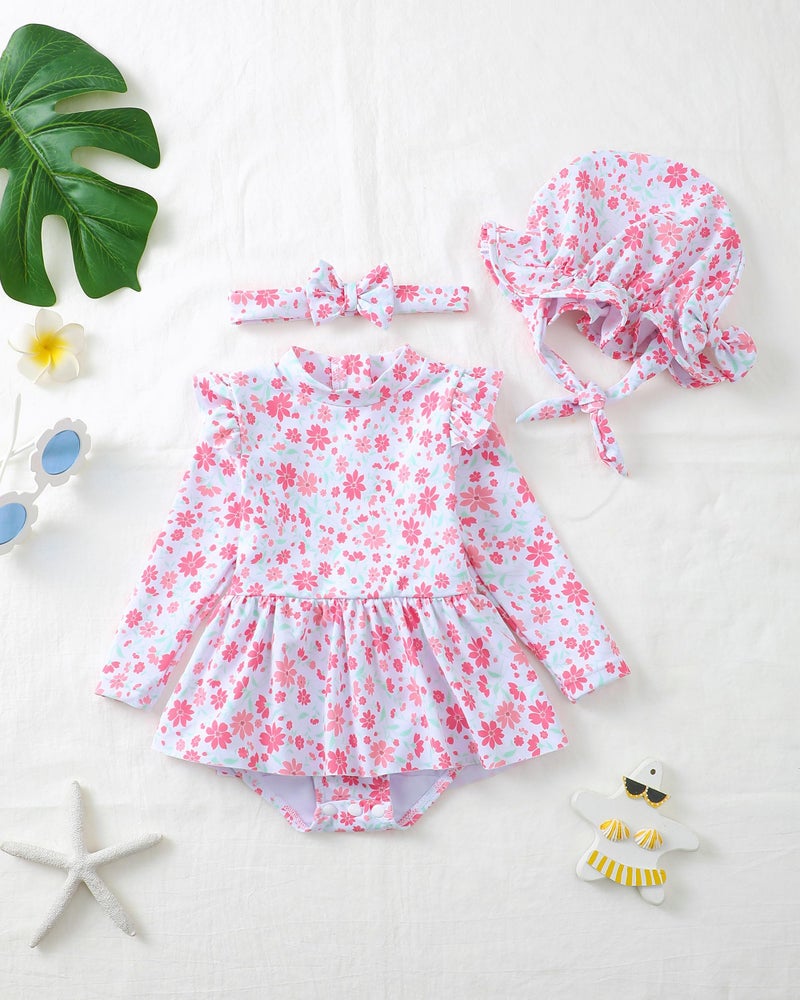Renotemy Baby Girl Swimsuit 6-9 Months Infant Long Sleeve 9-12 Months Swimsuit Girls One-Piece Bathing Suit Rash Guard Swimsuits with Hat Pink Floral Ruffle Swim Suits Baby Beach Essentials Swimwear - Image 3